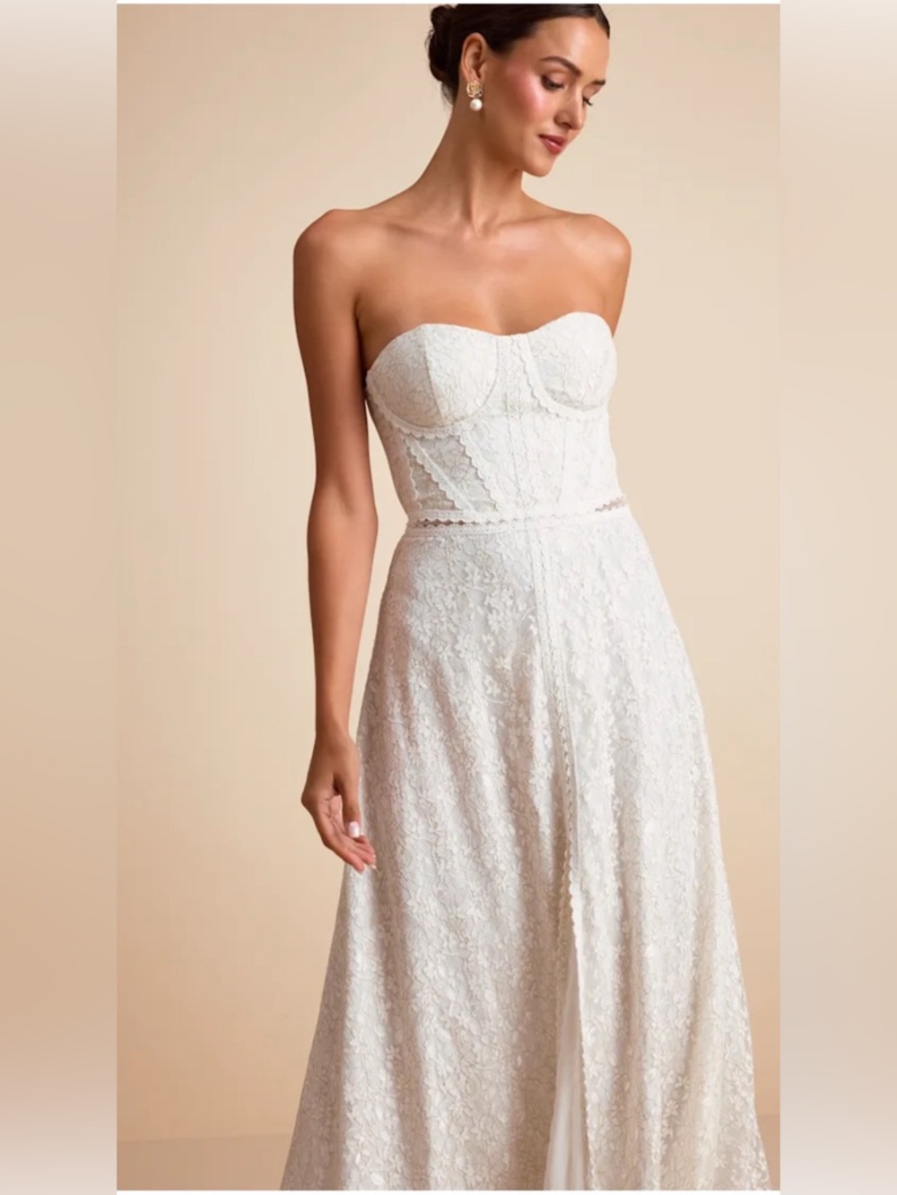 Eldoria White Lace Strapless Bustier Maxi Dress